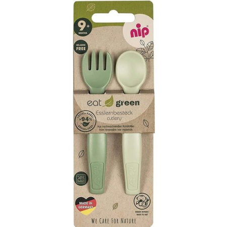 Set tacamuri Eat Green pentru bebelusi, lingurita si furculita, din plastic bio, lavabile in masina de spalat vase, 9+ luni Nip [0]