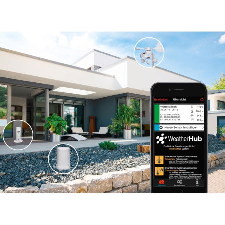 Sistem meteo SmartHome cu masurare temperatura, umiditate, precipitatii si viteza vant, data logger cu comunicare cu smartphone WEATHERHUB, TFA 31.4005.02 [9]