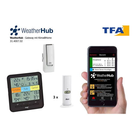Sistem meteo SmartHome cu termo-higrometru si 3 senzori wireless, comunicare cu smartphone WEATHERHUB, TFA 31.4007.02 [1]