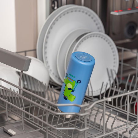 Alimentatie/Termosuri, recipiente mancare - Sticla de baut cu pai din silicon pentru copii, din otel inoxidabil, 350ml, albastru, Reer 90103