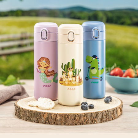 Sticla de baut cu pai din silicon pentru copii, din otel inoxidabil, 350ml, albastru, Reer 90103 [5]