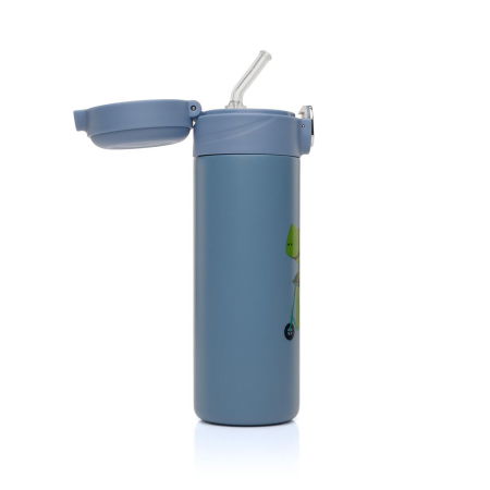 Produse - Sticla de baut cu pai din silicon pentru copii, din otel inoxidabil, 350ml, albastru, Reer 90103