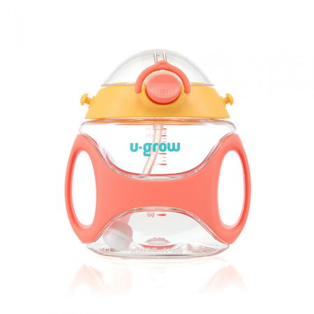 Suzete bebe - Sticla tritan cu pai si curea , 330 ml , orange, U-Grow