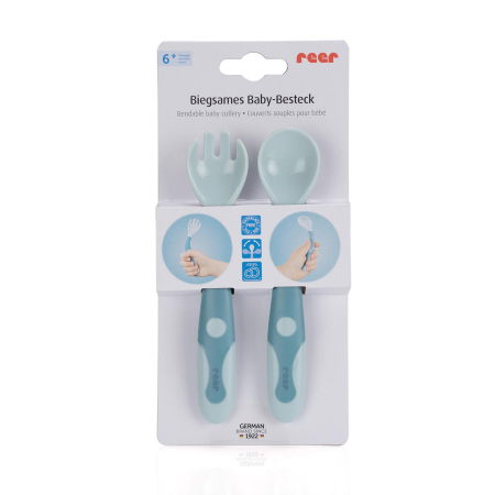 Alimentatie/Vesela, tacamuri si accesorii - Tacamuri flexibile pentru copii, lingurita si furculita, fara BPA, albastru, 6+ luni, Reer 23033