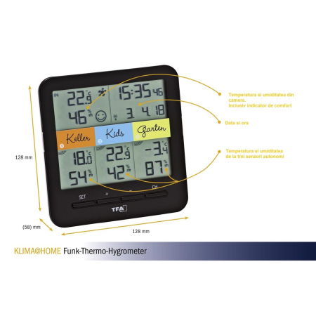 Termo-higrometru digital cu 3 senzori wireless KLIMA@HOME, compatibil cu WEATHERHUB SmartHome, TFA 30.3060.01.IT [1]