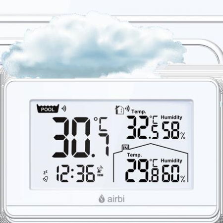 Sanatate/Termometre piscina - Termometru si higrometru digital de camera, cu senzori wireless pentru exterior si pentru apa din piscina, lumina de fundal, Airbi POOL BI1021