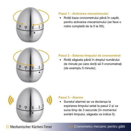Sisteme De Siguranță Copii - Timer analog pentru bucatarie EGG, forma ou, otel inoxidabil, argintiu, TFA 38.1026