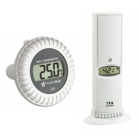 Termometre copii - Transmitator wireless pentru temperatura si umiditate, cu senzor extern pentru temperatura apei din piscina, WEATHERHUB TFA 30.3310.02