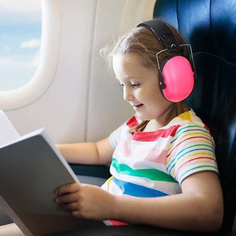 fetita cu casti antifonice roz citeste o carte in avion