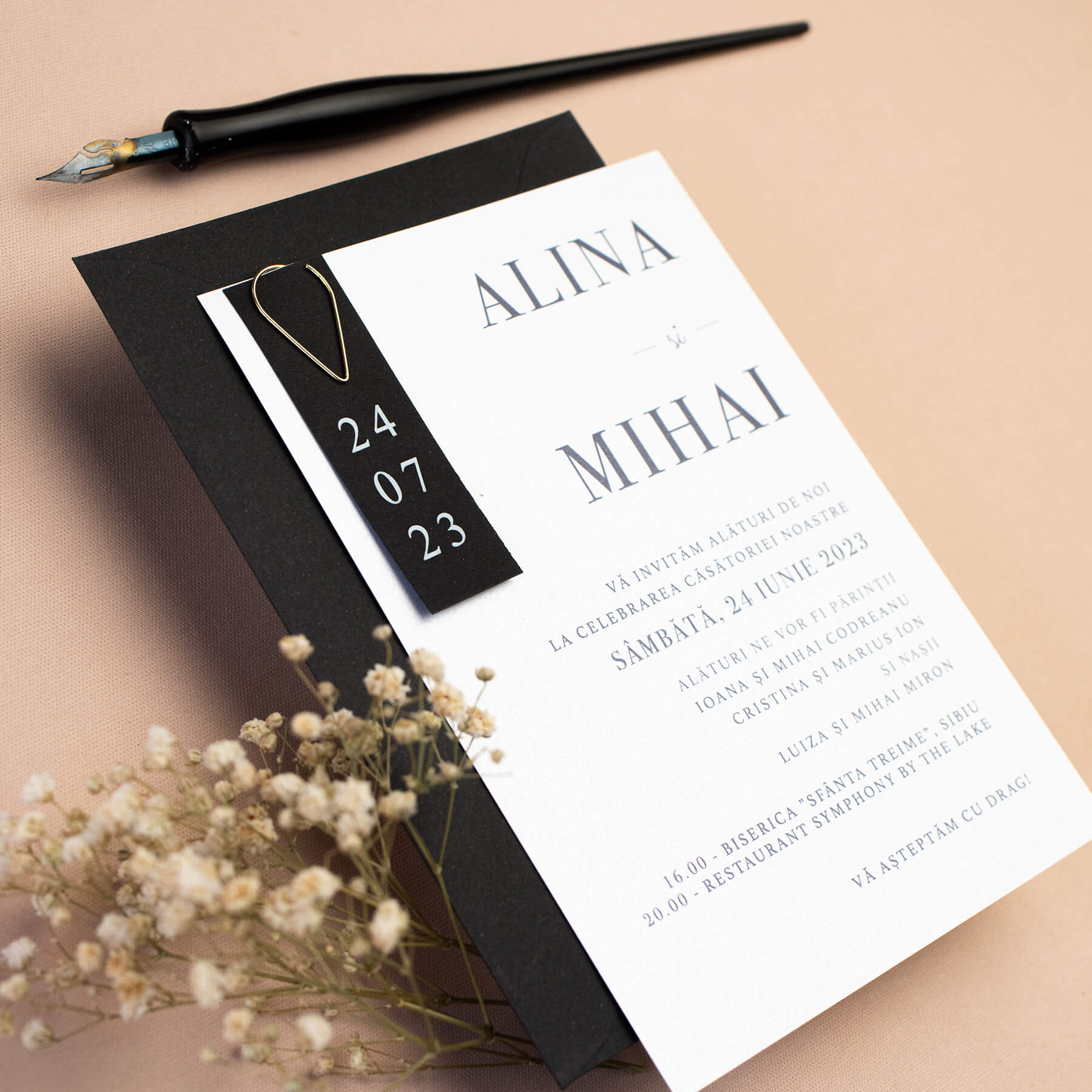 Invitatie de nunta alb sidefat
