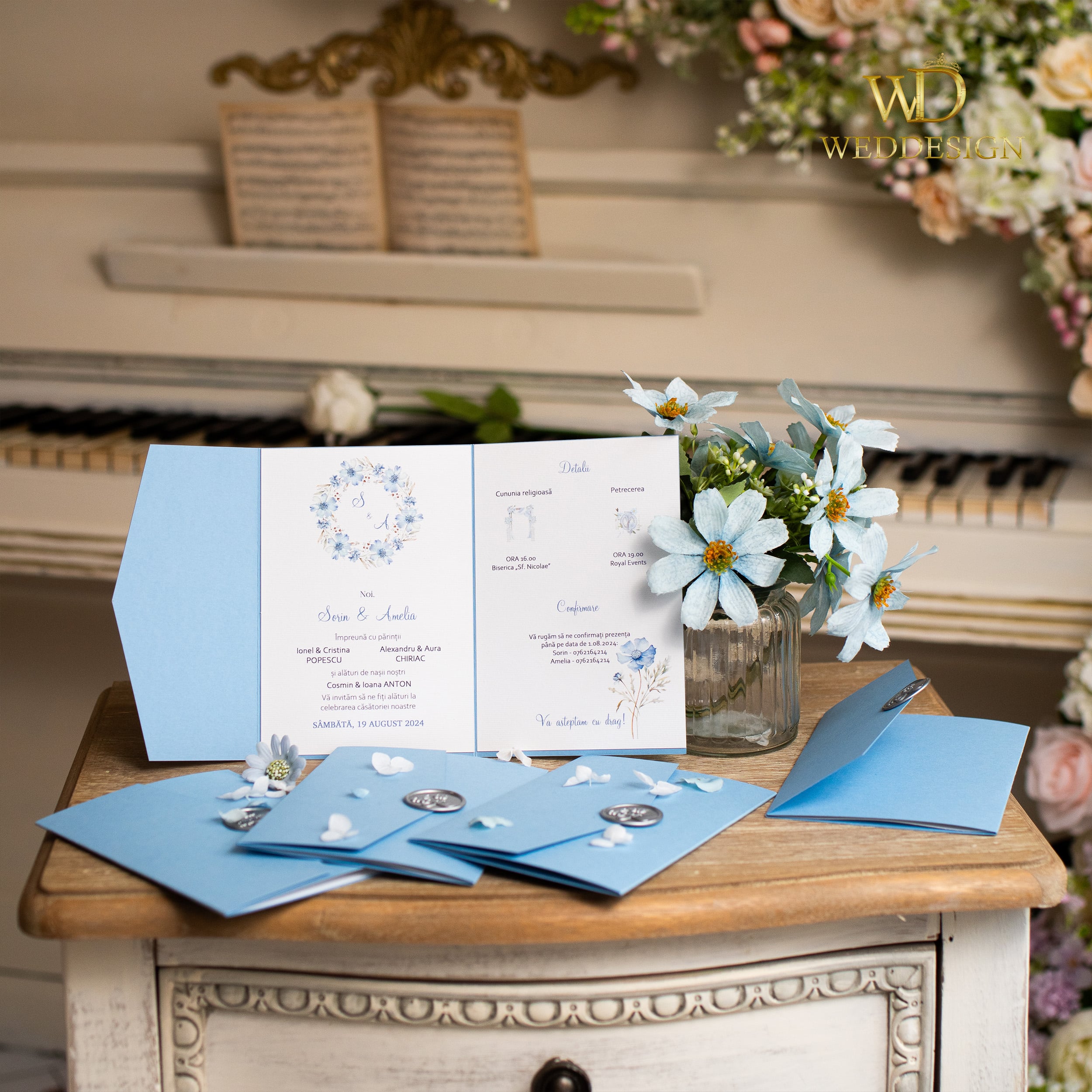 Carton invitatii nunta albastru prafuit