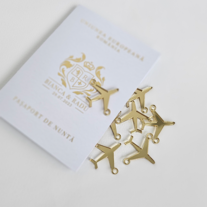 Avion auriu din acril, accesoriu invitații nuntă pasaport, decor călătorie auriu acril [2]