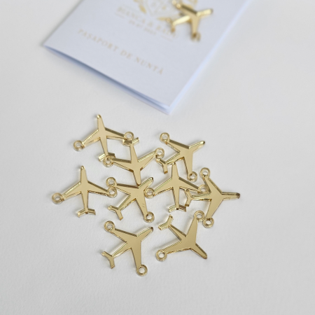 Accesorii - Avion auriu din acril, accesoriu invitații nuntă pasaport, decor călătorie auriu acril
