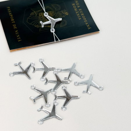 Accesorii - Avion plexiglass argintiu, accesoriu invitații nuntă pasaport, decor travel argintiu