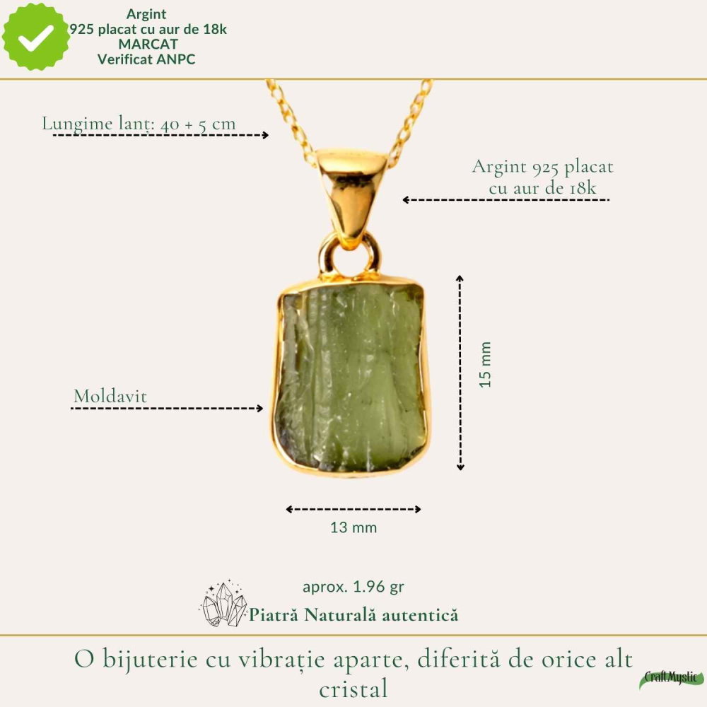 Colier Moldavit Brut Neuniform cu Argint 925 Placat cu Aur de 18k – Energie si Claritate Interioara [4]