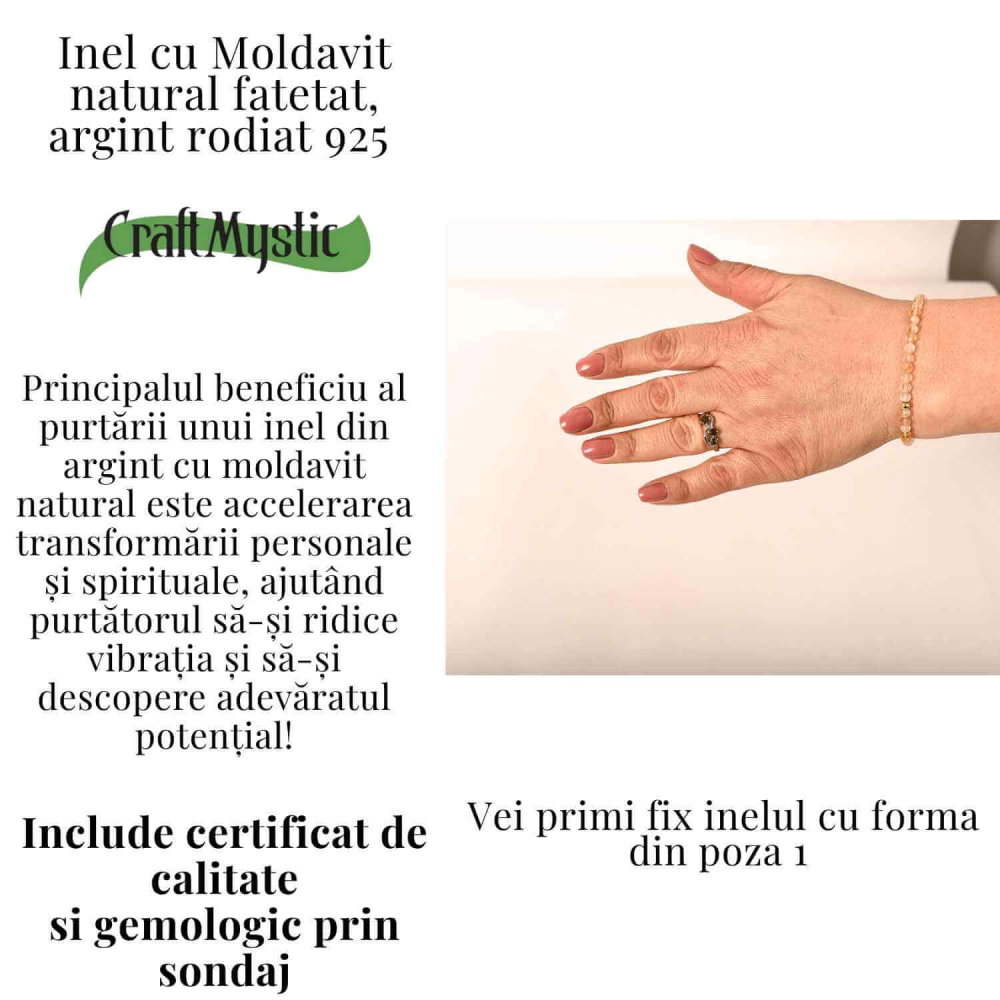Inel din Argint 925 rodiat cu Moldavit natural fatetat – transformare, protectie si claritate interioara [5]