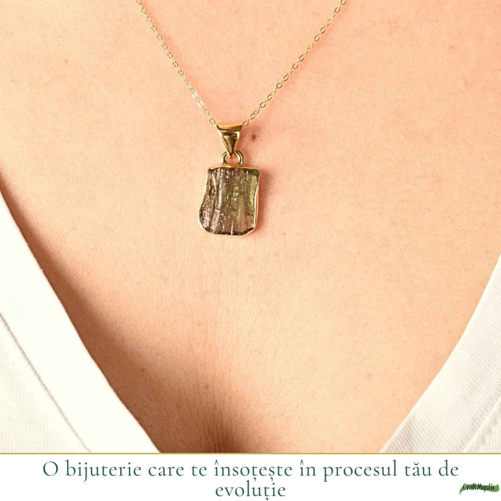 Colier Moldavit Brut Neuniform cu Argint 925 Placat cu Aur de 18k – Energie si Claritate Interioara [2]