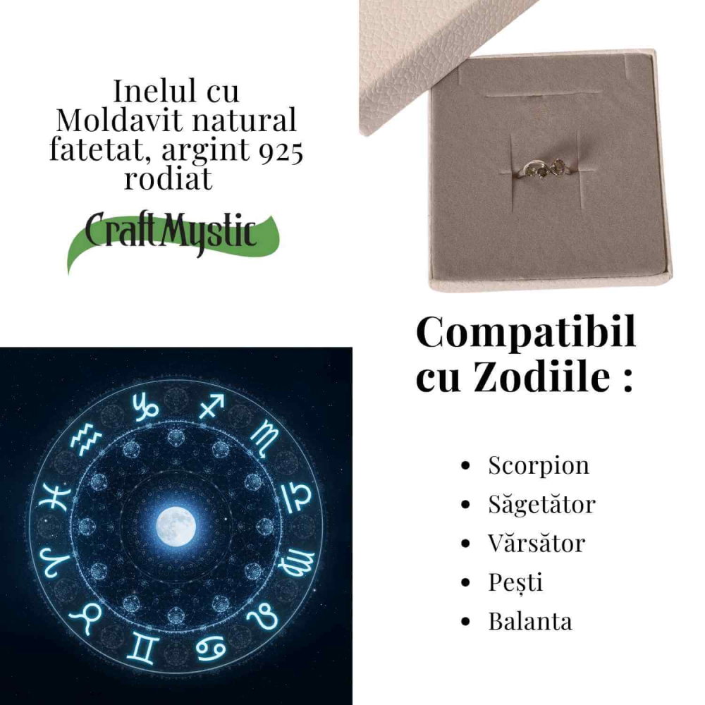 Inel din Argint 925 rodiat cu Moldavit natural fatetat – transformare, protectie si claritate interioara [4]