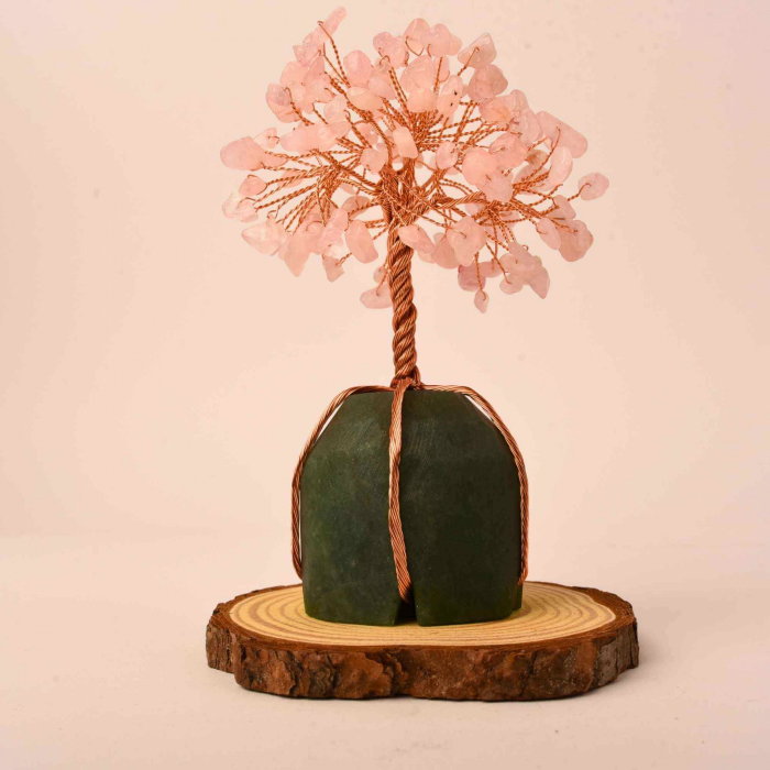 Arborele vietii 13-14 cm din pietre semipretioase polisate de cuart roz si baza de piatra naturala de aventurin verde - Copacel de cristal pentru energie pozitiva  atrage norocul, decor Feng Shui, cadou spiritual [5]