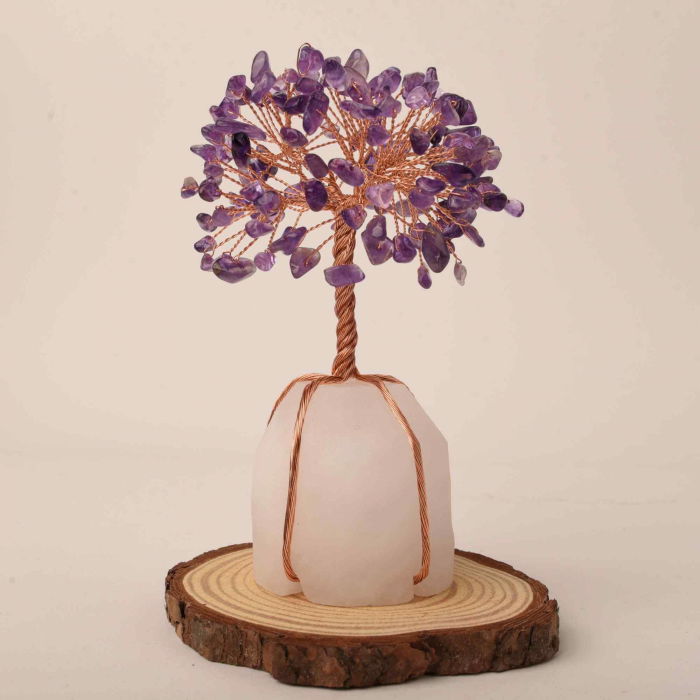 Copacel 13-14 cm din pietre semipretioase polisate de ametist si baza de piatra naturala de cuart transparent - Arbore din cristale semipretioase pentru energie pozitiva  atrage norocul, decor Feng Shui, cadou spiritual [6]