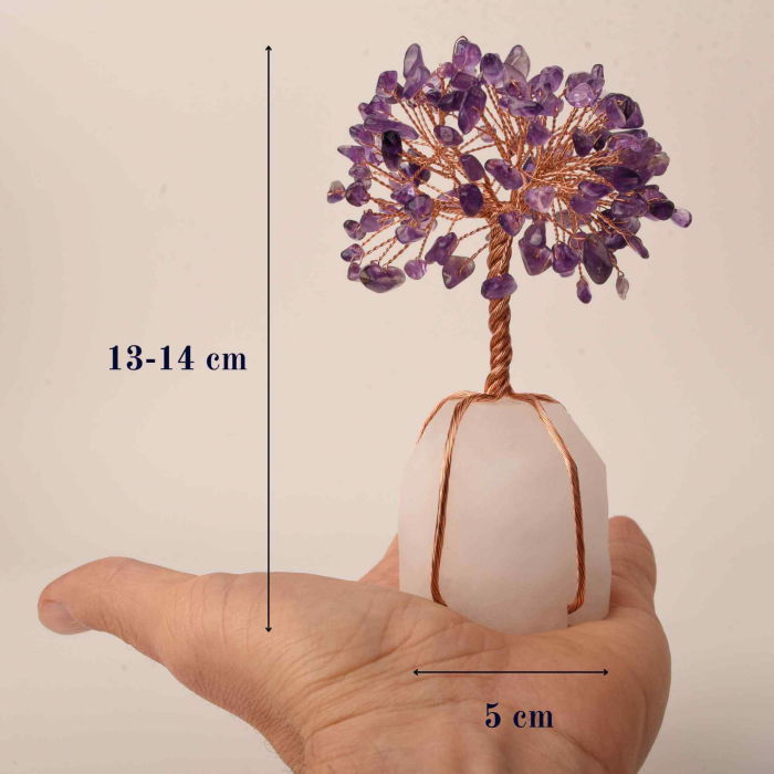 Copacel 13-14 cm din pietre semipretioase polisate de ametist si baza de piatra naturala de cuart transparent - Arbore din cristale semipretioase pentru energie pozitiva  atrage norocul, decor Feng Shui, cadou spiritual [5]