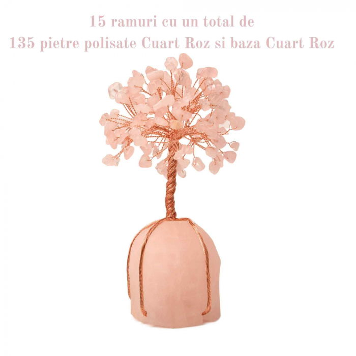 Arborele vietii 13-14 cm din pietre semipretioase polisate de cuart roz si baza de piatra naturala de cuart roz - Copacel de cristal pentru energie pozitiva  atrage norocul, decor Feng Shui, cadou spiritual [4]
