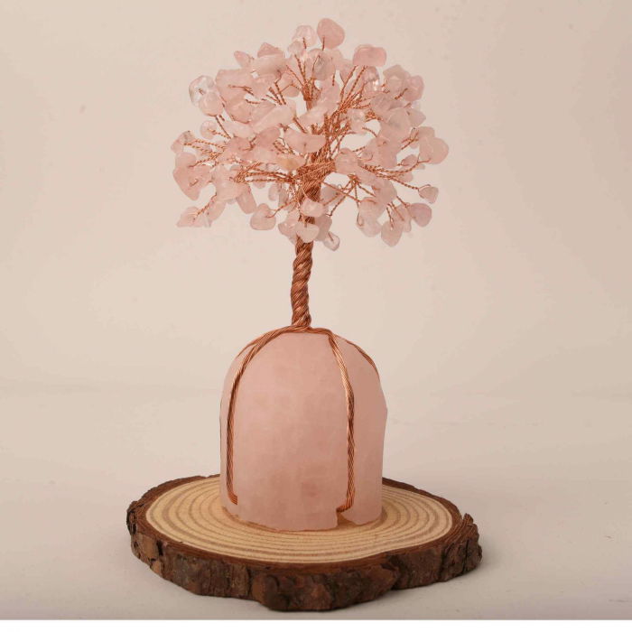 Arborele vietii 13-14 cm din pietre semipretioase polisate de cuart roz si baza de piatra naturala de cuart roz - Copacel de cristal pentru energie pozitiva  atrage norocul, decor Feng Shui, cadou spiritual [6]