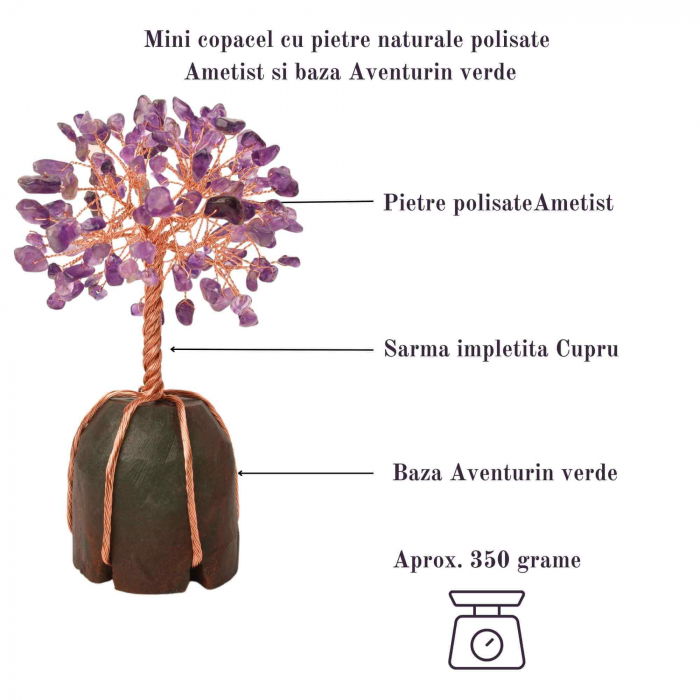 Copacel 13-14 cm din pietre semipretioase polisate de ametist si baza de piatra naturala de aventurin verde - Arbore din cristale semipretioase pentru energie pozitiva, cadou spiritual [2]