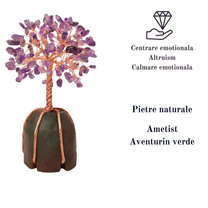 Copacel 13-14 cm din pietre semipretioase polisate de ametist si baza de piatra naturala de aventurin verde - Arbore din cristale semipretioase pentru energie pozitiva, cadou spiritual [3]
