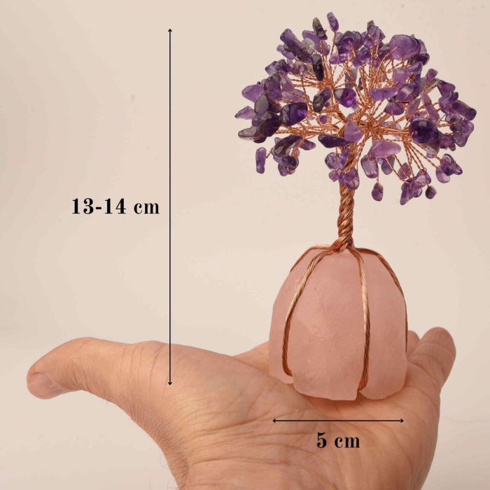 Copacel 13-14 cm din pietre semipretioase polisate de ametist si baza de piatra naturala de cuart roz - Arbore din cristale semipretioase pentru energie pozitiva, cadou spiritual [5]