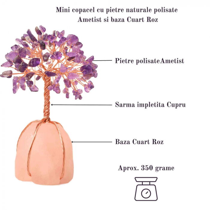 Copacel 13-14 cm din pietre semipretioase polisate de ametist si baza de piatra naturala de cuart roz - Arbore din cristale semipretioase pentru energie pozitiva, cadou spiritual [3]