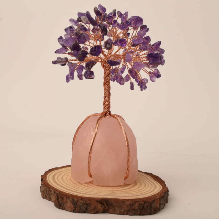 Copacel 13-14 cm din pietre semipretioase polisate de ametist si baza de piatra naturala de cuart roz - Arbore din cristale semipretioase pentru energie pozitiva, cadou spiritual [6]