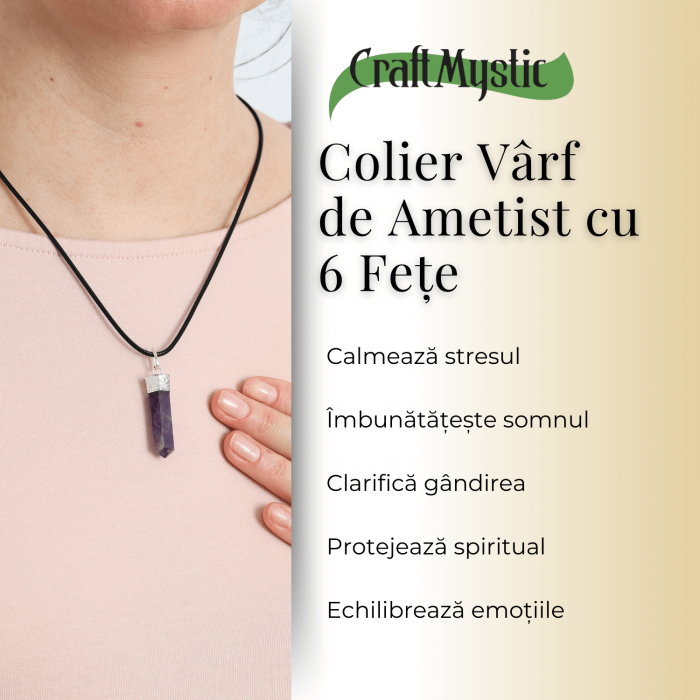 Colier Reglabil cu Pandantiv 35mm Varf de Ametist cu 6 Fete [5]