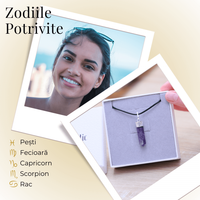 Colier Reglabil cu Pandantiv 35mm Varf de Ametist cu 6 Fete [4]