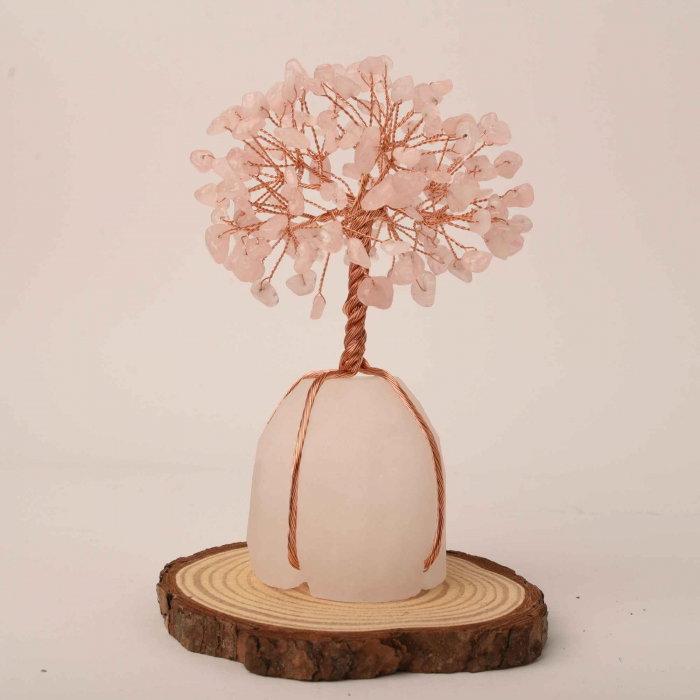 Arborele vietii 13-14 cm din pietre semipretioase polisate de cuart roz si baza de piatra naturala de cuart transparent - Copacel de cristal pentru energie pozitiva  atrage norocul, decor Feng Shui, cadou spiritual [6]