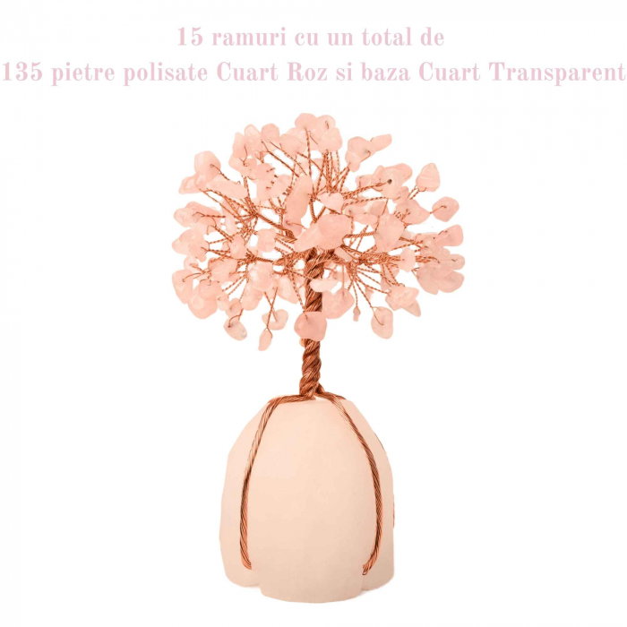 Arborele vietii 13-14 cm din pietre semipretioase polisate de cuart roz si baza de piatra naturala de cuart transparent - Copacel de cristal pentru energie pozitiva  atrage norocul, decor Feng Shui, cadou spiritual [4]