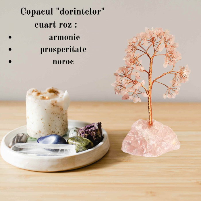 Arborele vietii 18 cm cu cristale semipretioase cuart roz - Bonsai de cristal cu 162 mini pietre si baza din cuart roz pentru bani, Feng Shui, noroc [4]