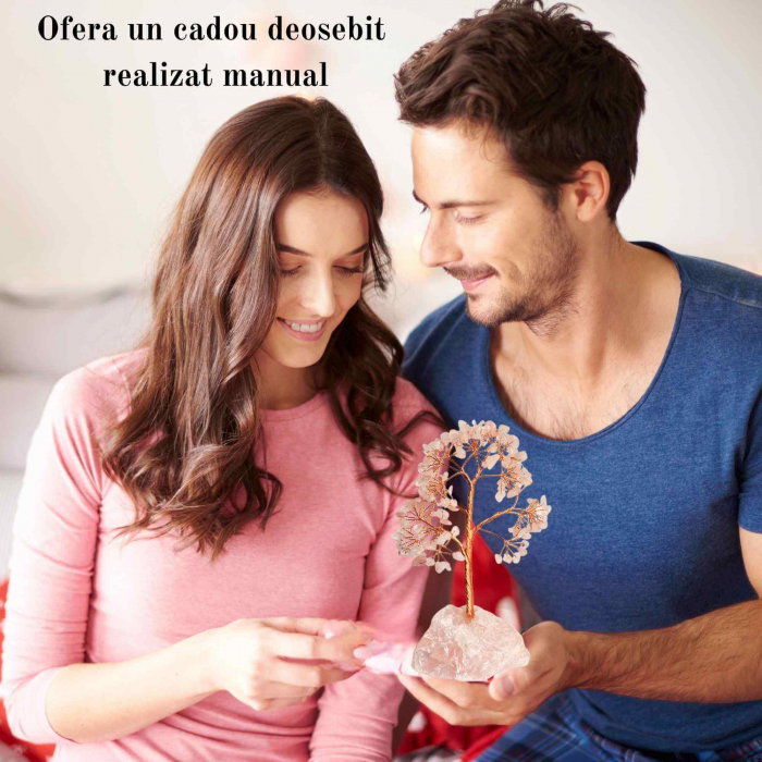 Arborele vietii 18 cm cu cristale semipretioase cuart roz - Bonsai de cristal cu 162 mini pietre si baza din cuart roz pentru bani, Feng Shui, noroc [6]
