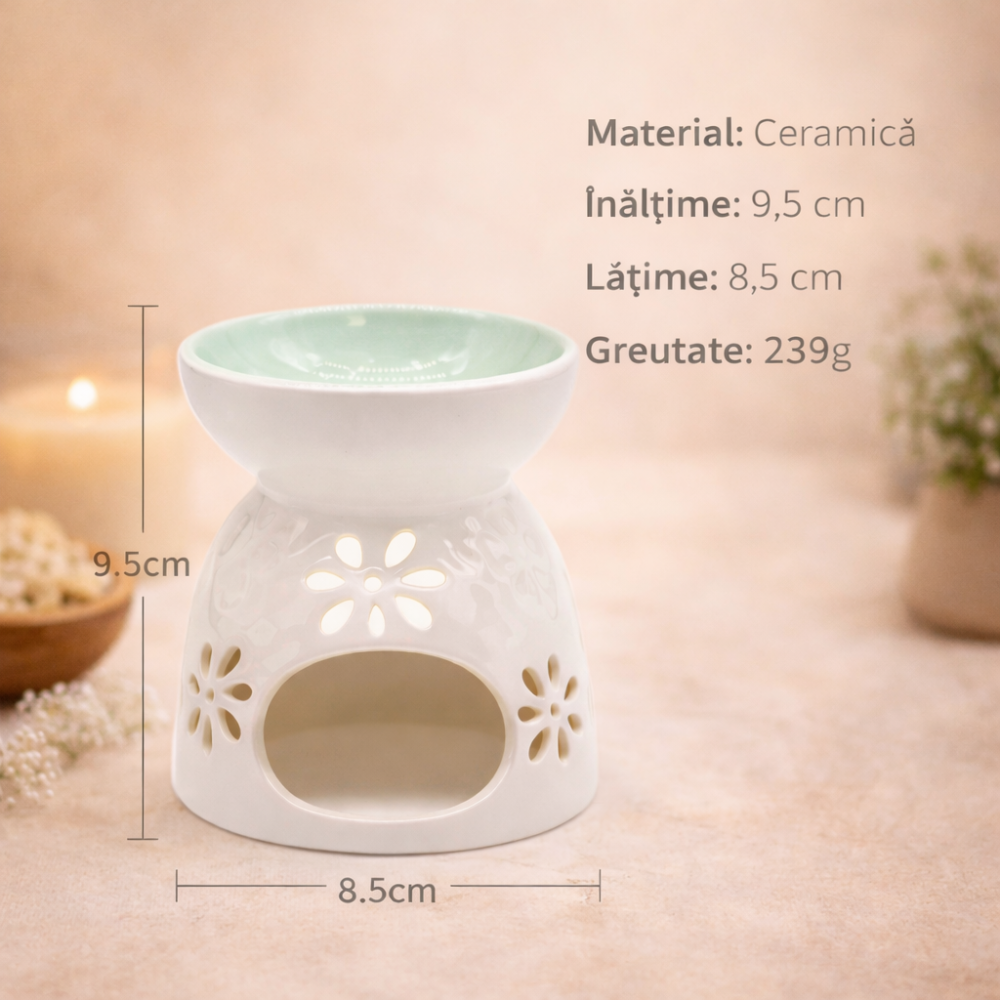 Arzator Ceramic Alb cu Vas Verde Mentol si Decupaje Florale – Ritual de Relaxare si Armonie Energetica [3]
