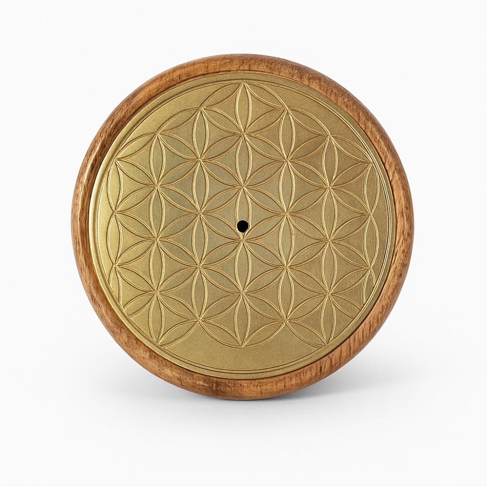 Suport betisoare parfumate lemn de mango – Flower of Life auriu,  8.5 cm (pentru betisoare si conuri) [1]
