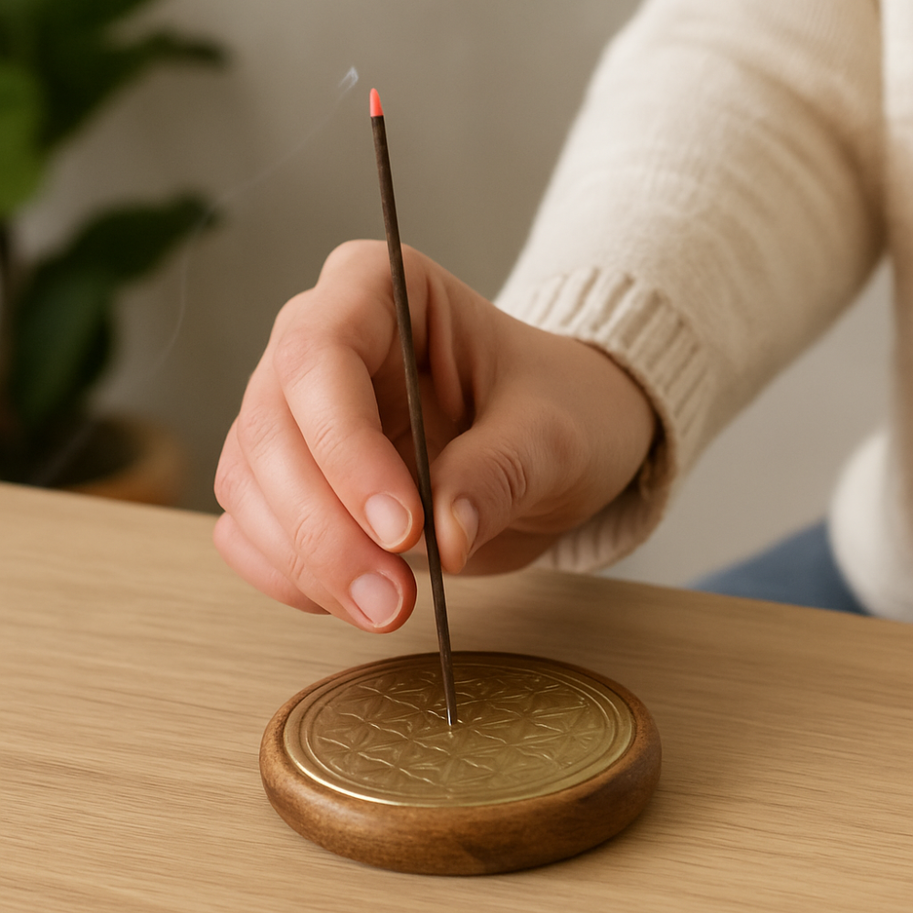 Suport betisoare parfumate lemn de mango – Flower of Life auriu,  8.5 cm (pentru betisoare si conuri) [3]