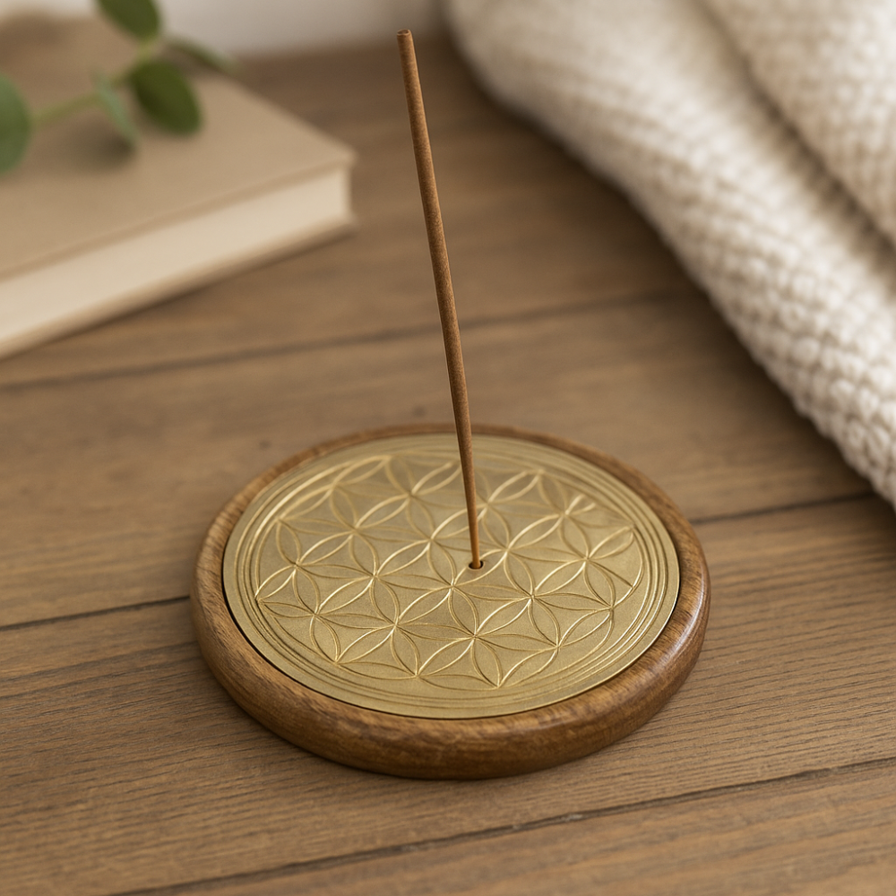 Suport betisoare parfumate lemn de mango – Flower of Life auriu,  8.5 cm (pentru betisoare si conuri) [2]