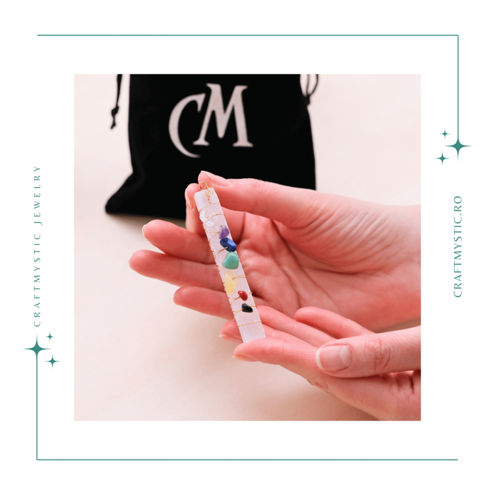 Bagheta din Selenit Brut cu Pietre pentru Cele 7 Chakre, Invelita in Sarma de Cupru, pentru Yoga, Meditatie, Echilibru Spiritual [2]