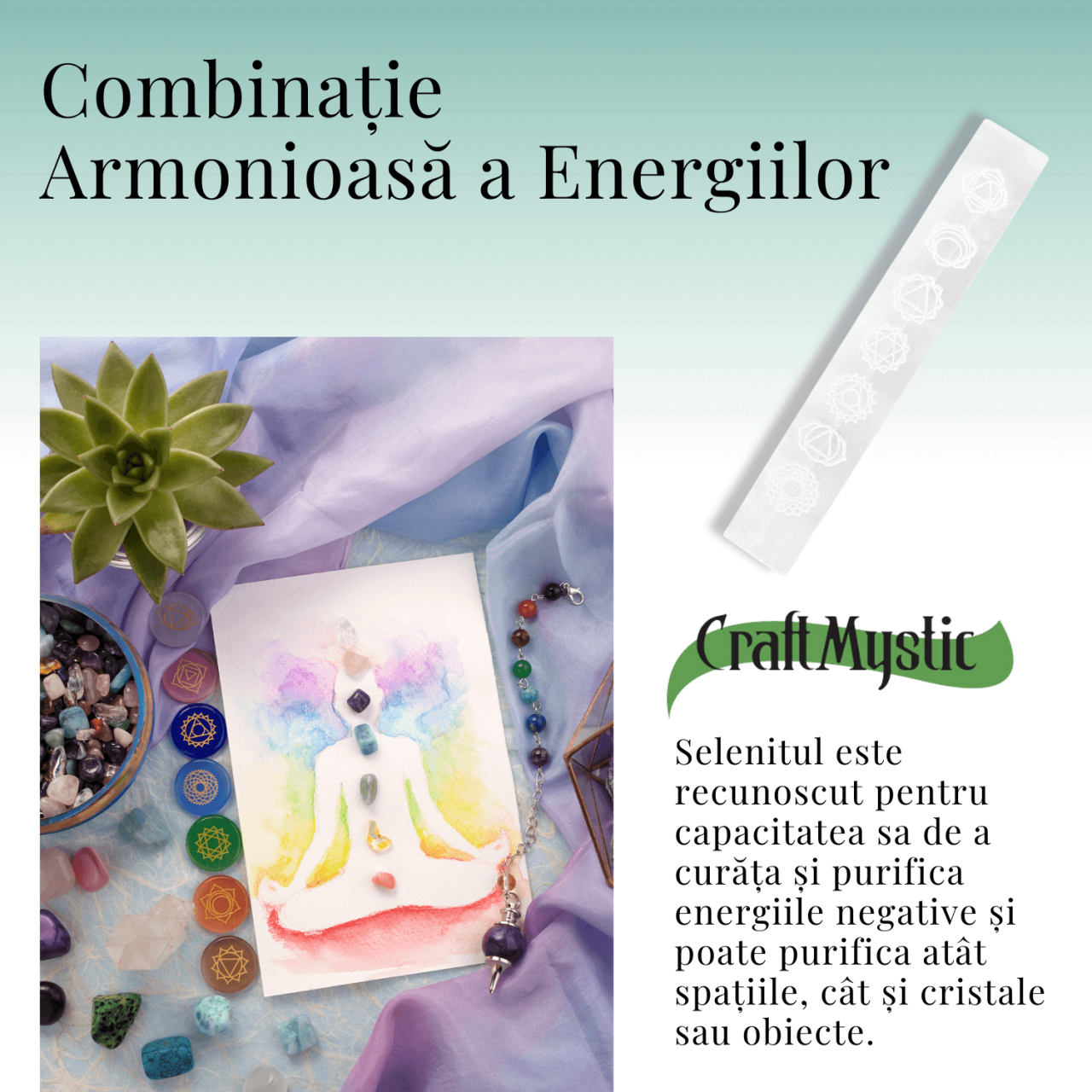 Bagheta de Selenit 15x2.5 cm cu Semnele Chakrelor - Curatare si Incarcare Cristale [6]