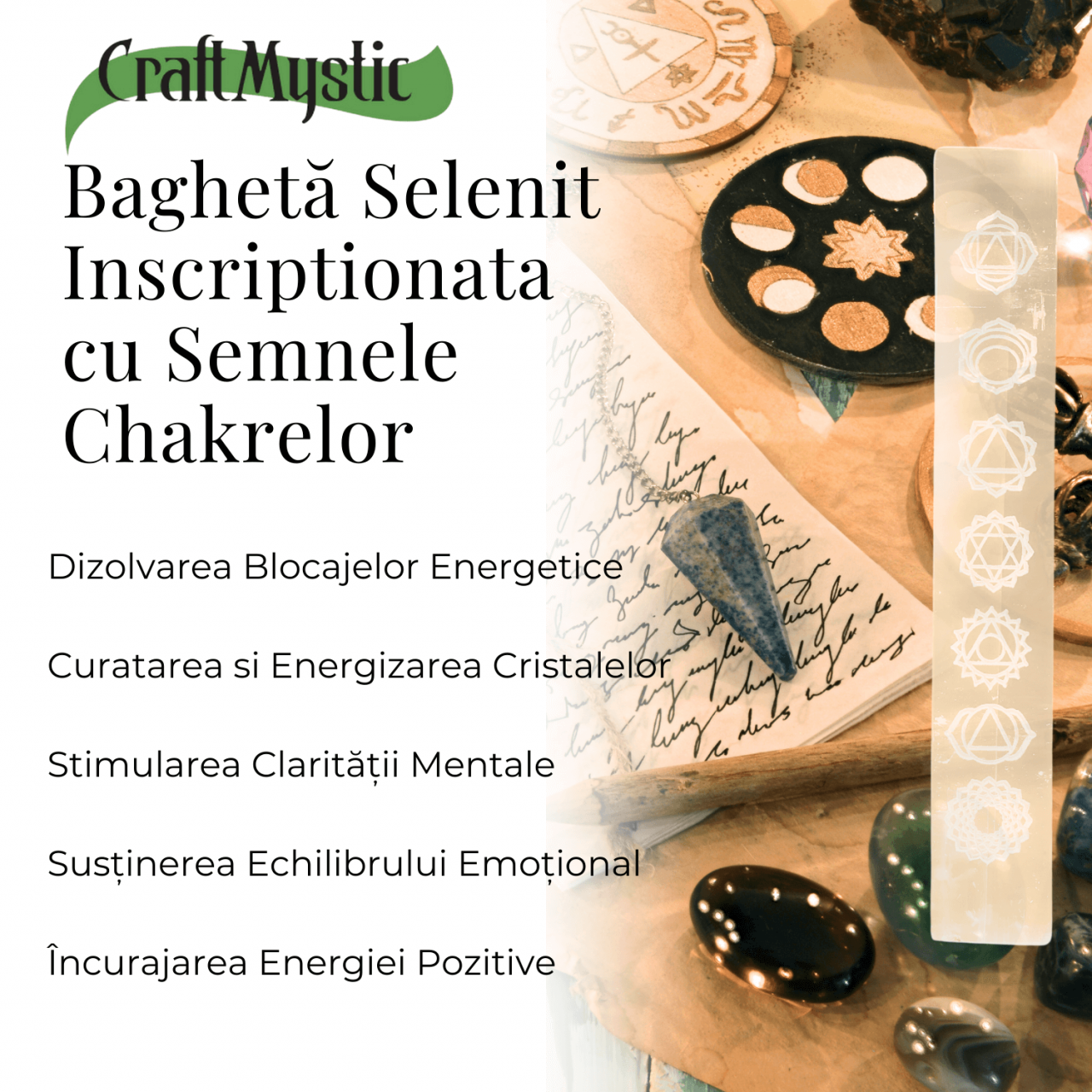 Bagheta de Selenit 15x2.5 cm cu Semnele Chakrelor - Curatare si Incarcare Cristale [3]