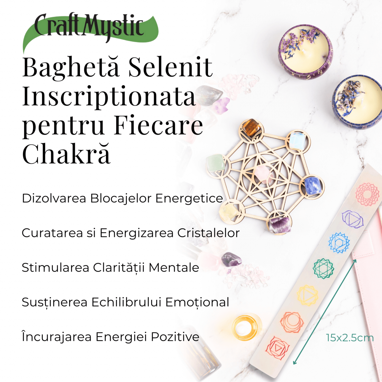 Bagheta de Selenit cu Semnele Chakrelor Color - Incarcare si Curatare Cristale [5]