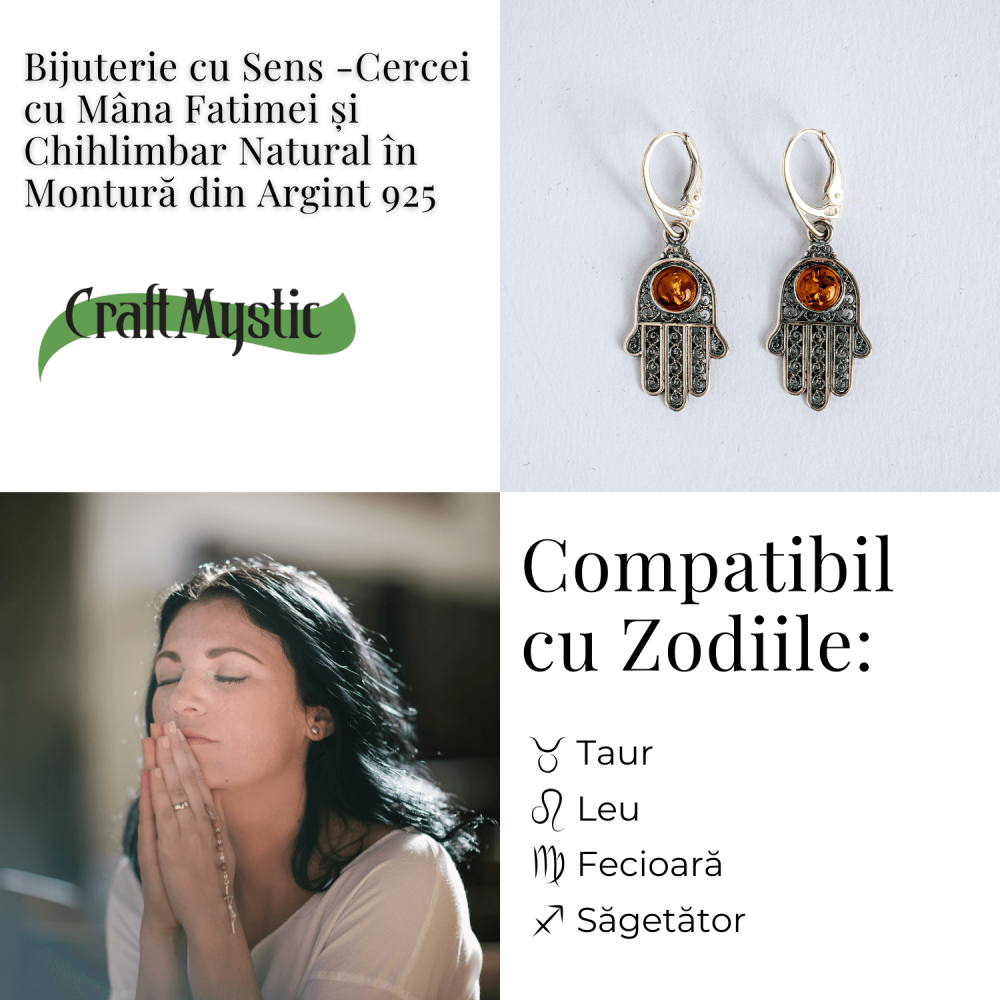 Mana protectiei blande – Cercei cu Mana Fatimei si chihlimbar in montura argint 925 [4]