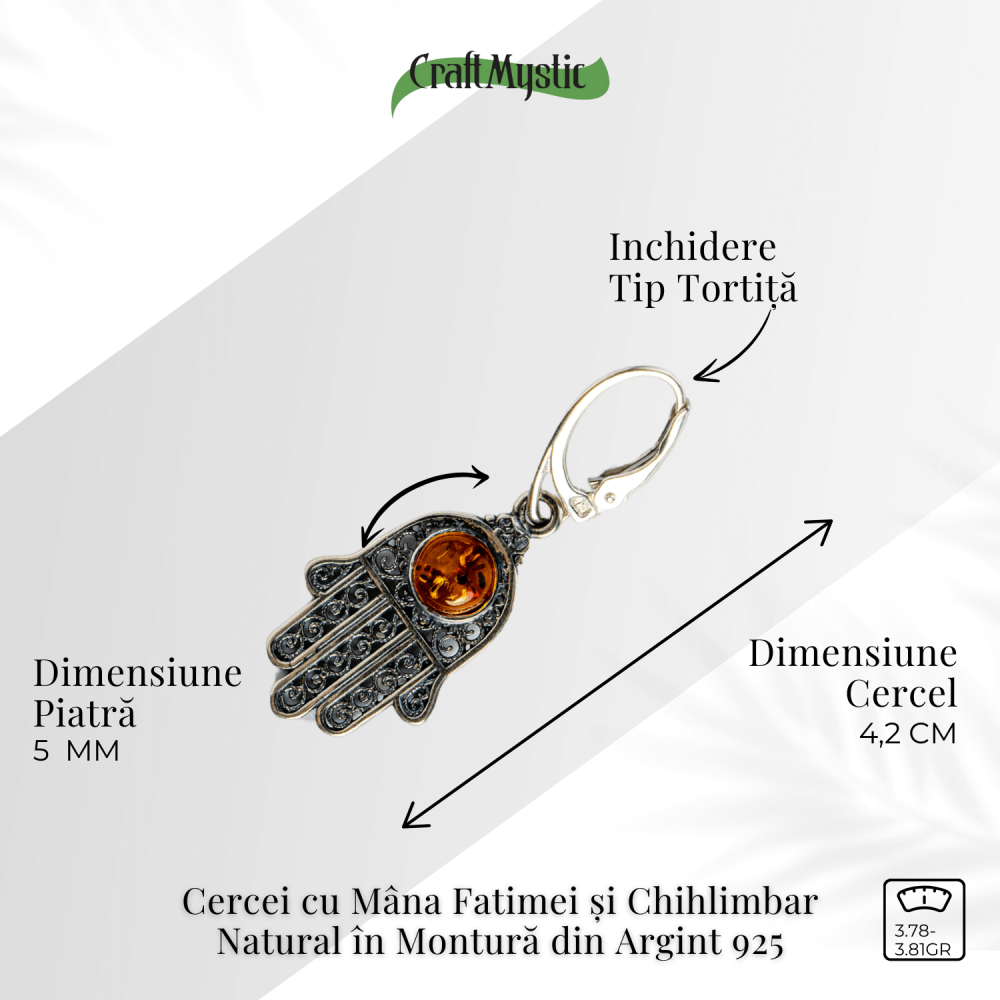 Mana protectiei blande – Cercei cu Mana Fatimei si chihlimbar in montura argint 925 [3]