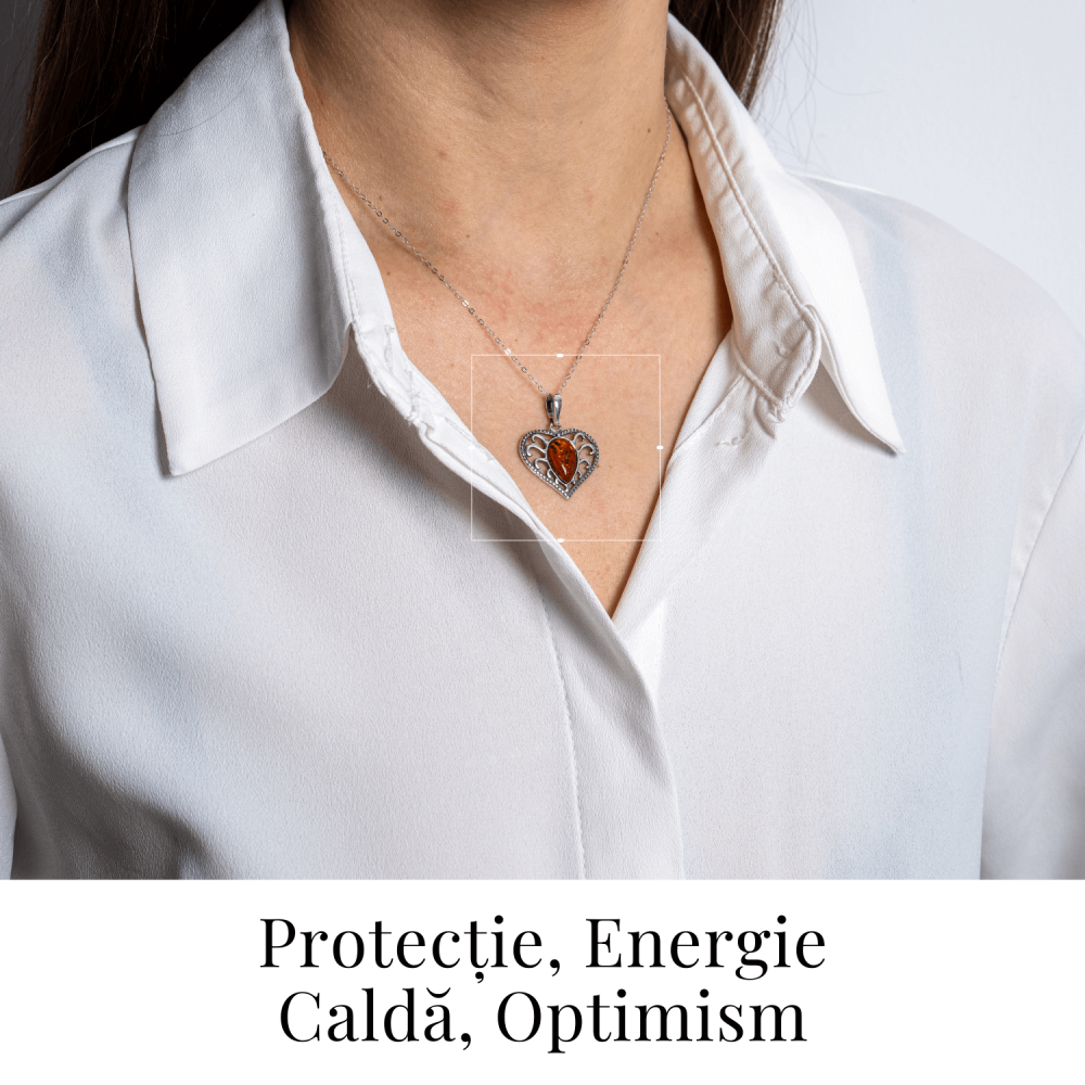 Colier inimioara cu chihlimbar si montura argint 925 – Protectie, caldura si echilibru emotional [2]