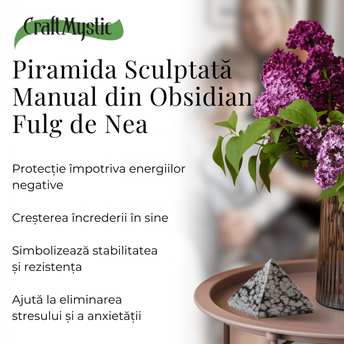 Piramida Sculptata Manual 60mm din Piatra Obsidian Fulg de Nea Natural [4]